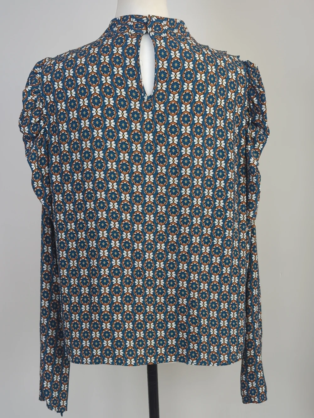 NWT Zara Boho Floral Medallion High Neck Long Puff Sleeve Blouse Teal LARGE